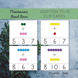 Perline colorate addizione Montessori Schede con clip. Attività matematica Montessori stampabile per la scuola materna e l'asilo.