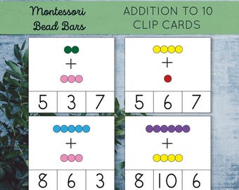 Montessori addition colored beads Clip cards. Montessori printable math activity for preschool and kindergarten.
