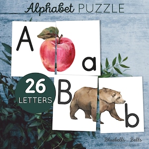 Quebra-cabeça de alfabeto para imprimir. Cartões de letras aquarela para crianças.