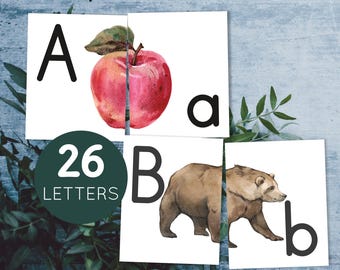 Printable alphabet puzzle. Toddler watercolor letter cards.