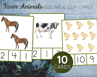 Tarjetas para contar y recortar animales de granja del 1 al 10. Tarjetas imprimibles para contar animales de granja para preescolar.