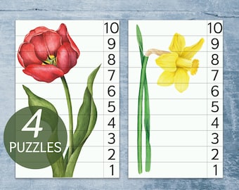 Flower number puzzles 1-10. Montessori spring printable. Preschool flower activity.