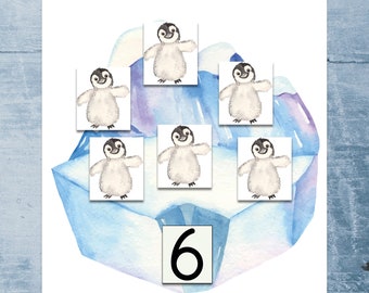 Counting Penguins Montessori winter printable. Preschool winter activity. Counting 1-10 printable.