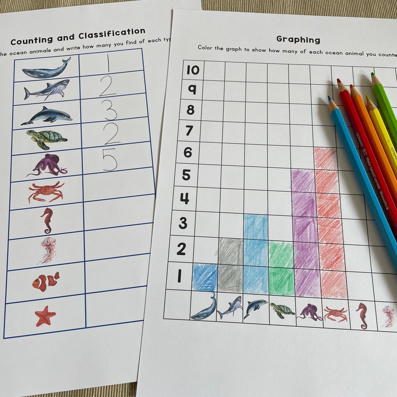 May include: A worksheet for counting and graphing ocean animals. The worksheet includes a list of ocean animals with numbers next to them and a graph with colored bars representing the number of each animal.