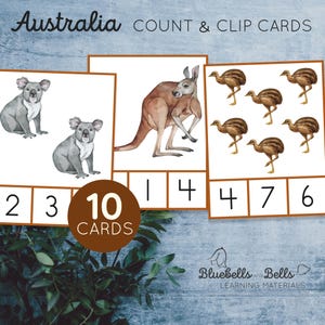 Australia animals count and clip cards. Montessori preschool math printable activity.