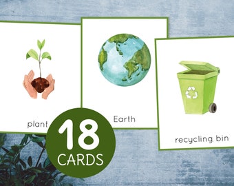 May include: A set of 18 Earth Day flashcards featuring watercolor illustrations of a plant, the Earth, and a recycling bin. The text "18 CARDS" is in a green circle.