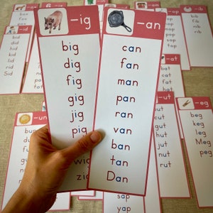 May include: A set of pink and white flashcards with words ending in -ig, -an, -at, -ut, and -eg. The cards feature illustrations of a pig, a frying pan, a cat, a pair of scissors, and a sun.