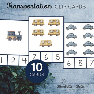 Transport Tel- en clipkaarten 1-10. Voorschoolse voertuigwiskunde afdrukbaar. Aquareltelkaarten voor peuters.