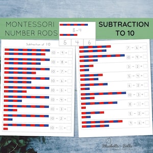 Feuilles de travail sur la soustraction Montessori Bâtons de nombres. Cartes à clip imprimables en mathématiques pour la maternelle et la 1re année.