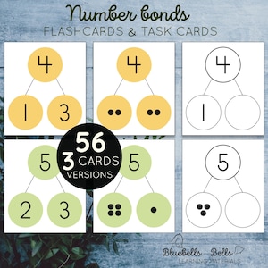 Number bonds flash cards and task cards. Math printable for kindergarten and 1st grade.