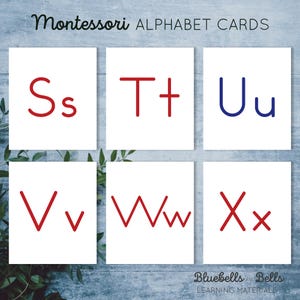 May include: Six white cards with red and blue letters on them. The letters are S, T, U, V, W, and X. The cards are part of a Montessori alphabet set.