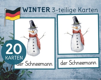 Winter Montessori 3-teilige Karten. Sprachmaterial für Vorschule und Kindergarten.