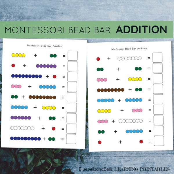 Barra di perline Montessori Aggiunta a 10 fogli di lavoro. Matematica per l'asilo montessori stampabile.