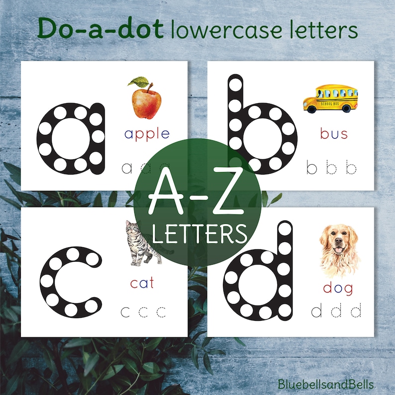 Puede incluir: Cuatro tarjetas imprimibles con letras min&uacute;sculas de punto a punto en blanco y negro a, b, c y d. Cada tarjeta presenta una imagen y el sonido de la letra repetido tres veces. Las tarjetas dicen "Do-a-dot lowercase letters" y "A-Z Letters".