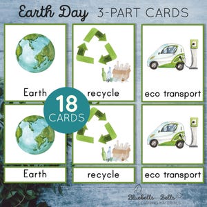 Cartes Montessori Jour de la Terre en 3 parties. Fiches de vocabulaire sur l'écologie. Préscolaire et maternelle à imprimer.