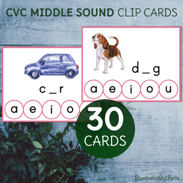 Montessori phonics printable CVC word clip cards Middle sound. Pre-reading activity for preschool and kindergarten.