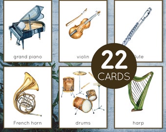 Musical Instrument flashcards. Preschool and Kindergarten  watercolor printable cards.