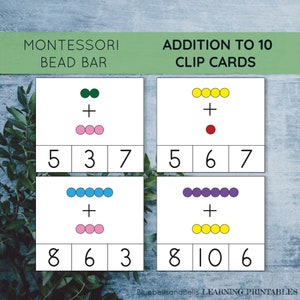 Montessori addition colored beads Clip cards. Montessori printable math activity for preschool and kindergarten.
