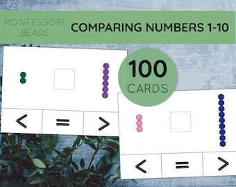 Montessori bead bar Comparing numbers to ten. More than, less than, equal to clip cards. Printable math for preschool and kindergarten.