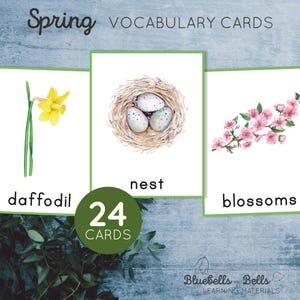 Cartões de vocabulário imprimíveis de primavera para jardim de infância. Atividade pré-escolar.