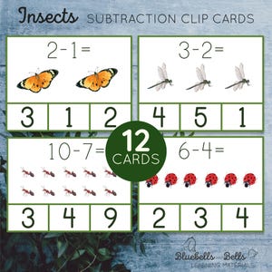 Compter les insectes et couper les cartes Soustraction 1-10. Activité mathématique printanière Montessori à imprimer pour la maternelle et le préscolaire.
