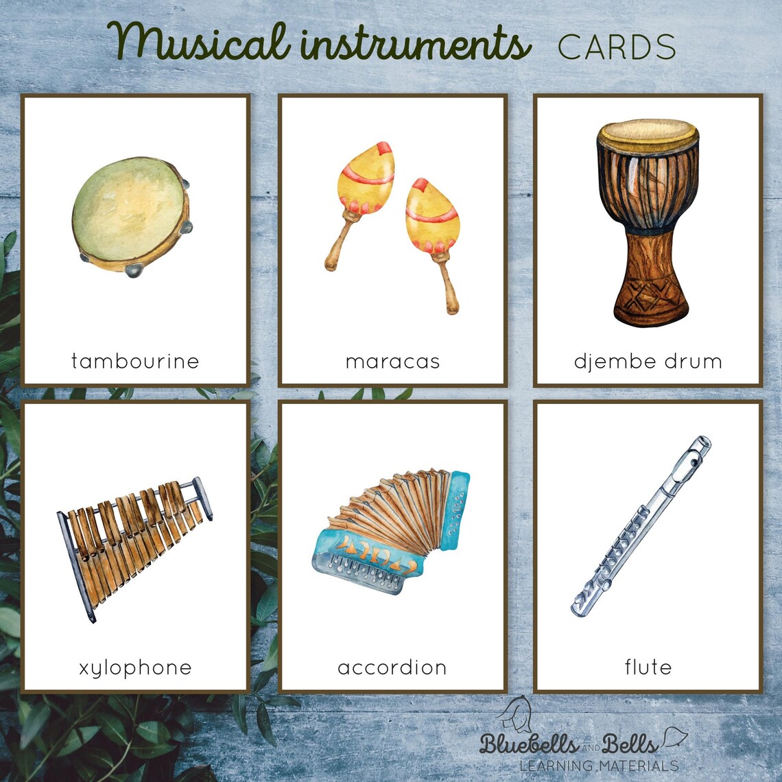 Musical Instrument Flashcards. Preschool and Kindergarten Watercolor ...