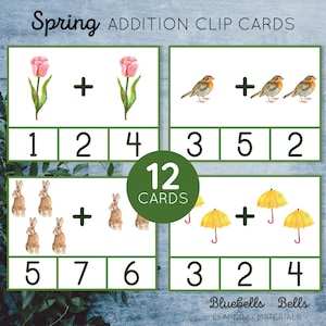 Tarjetas de adición con clips para imprimir en primavera Montessori. Actividad de matemáticas de Pascua para preescolar y jardín de infantes.
