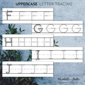 Op de afbeelding: Zwart-witte printbare werkblaadjes voor het traceren van de hoofdletters F, G, H, I en J. De werkblaadjes bevatten stippellijnen om de gebruiker te begeleiden bij het traceren van de letters.