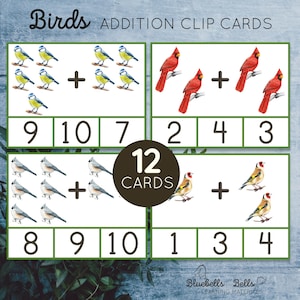 Comptage des oiseaux et écrêtage des cartes Addition 1-10. Activité mathématique printanière Montessori à imprimer pour la maternelle et le préscolaire.