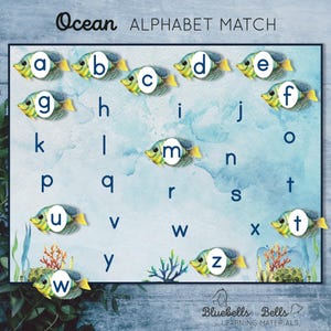 Combinación del alfabeto Océano. Reconocimiento de letras Montessori para preescolar y niños pequeños.