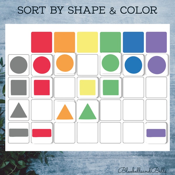 Montessori preschool printable sorting activity Color and Shape. Matching game for toddler.