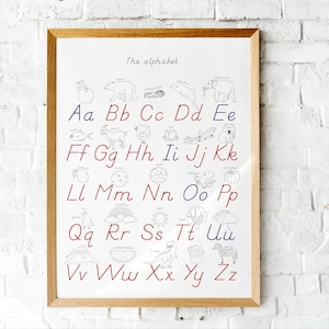 May include: A black and white alphabet chart with illustrations of animals, objects, and food. The alphabet is written in red and blue. The title "The alphabet" is at the top of the chart.