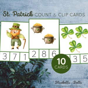 Tarjetas imprimibles para contar y recortar del 1 al 10 para el Día de San Patricio para niños en edad preescolar. Actividad de matemáticas de primavera Montessori.