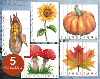 Preschool fall printable number sequence 1-10 puzzles. Montessori autumn nature activity.