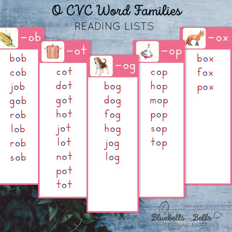 May include: A pink and white printable reading list for teaching CVC word families. The list includes words with the following letter combinations: -ob, -ot, -og, -op, and -ox. Each word family is illustrated with a picture.