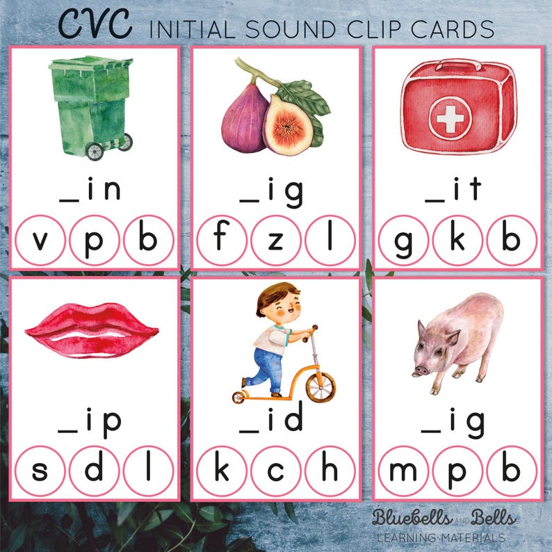 May include: Six colorful cards with images and letters for a CVC initial sound clip card game. The images include a green trash can, a fig, a red first aid kit, a pair of red lips, a boy riding a scooter, and a pig. The letters are in pink circles.