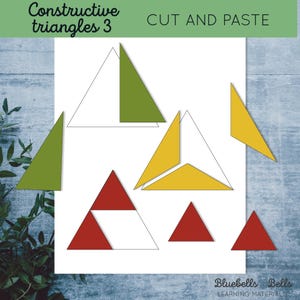 Puede incluir: Una hoja de trabajo imprimible para que los niños practiquen sus habilidades de geometría. La hoja de trabajo presenta una variedad de triángulos en diferentes colores, incluidos rojo, amarillo y verde. Los triángulos están etiquetados con números y letras. La hoja de trabajo se titula "Triángulos constructivos 3" e incluye las instrucciones "Cortar y pegar".