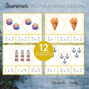 Tarjetas recortables de verano con grupos de multiplicación. Actividad de matemáticas para preescolar y primaria.