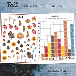 May include: A fall-themed educational worksheet with the words "Fall Counting & Graphing." The left side features illustrations of fall objects like apples, pumpkins, and turkeys. The right side has a graphing chart for counting and coloring.