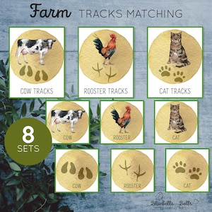 Fichas didácticas con huellas de animales de granja. Imprimible Montessori de primavera. Actividad de asociación para preescolar.