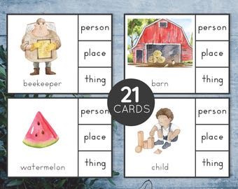 May include: A set of 21 colorful clip cards for learning about nouns. Each card features a picture of a person, place, or thing, with the word written below. The cards are labeled "Noun Clip Cards" and "21 Cards".