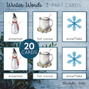 Vocabulaire Montessori hivernal à imprimer, cartes en 3 parties. Activité préscolaire et maternelle.