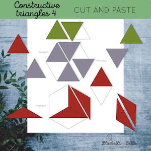 Puede incluir: Una hoja de trabajo imprimible para que los niños practiquen las formas geométricas. La hoja de trabajo muestra un hexágono, un rombo y triángulos en rojo, verde y gris. El texto "Constructive triangles 4" y "Cut and Paste" está en la parte superior de la página.