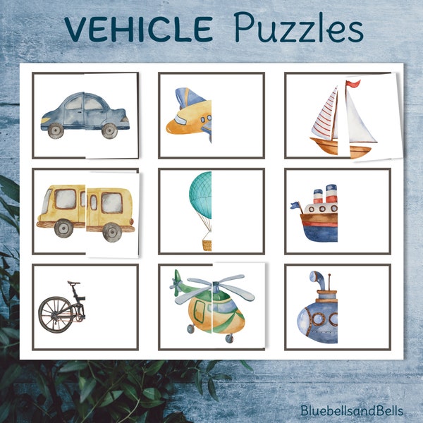 Vehicles puzzle printable. Transportation halves matching activity for toddlers and preschoolers. Two pieces kids puzzle game.