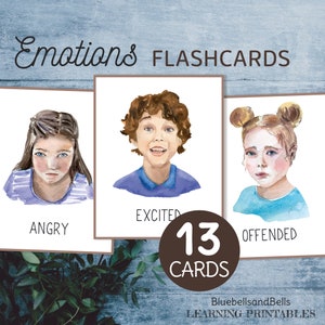 Feelings cards printable. Emotions kids flash cards.