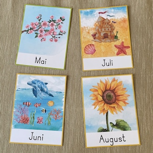 May include: Four illustrated cards with the months of May, June, July, and August. The May card features a pink cherry blossom tree. The June card features a blue dolphin swimming in the ocean with colorful fish. The July card features a sandcastle with a red starfish and a seashell. The August card features a yellow sunflower.