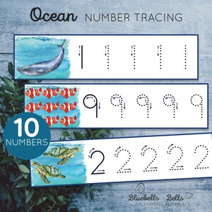 Afdrukbare werkbladen voor het traceren van nummers in de oceaan. Handschriftoefeningen voor kleuters en kleuters.
