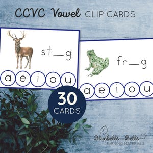 Cartes clip-voyelles manquantes. Montessori mélange des mots CCVC imprimables. Activité de lecture de la série bleue pour la maternelle et la 1re année.