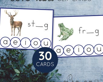 Missing vowel Clip cards. Montessori blends printable CCVC words. Blue series reading activity for  kindergarten and 1st grade.