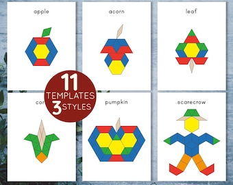 Fall pattern blocks templates. Preschool and kindergarten printable matching activity.